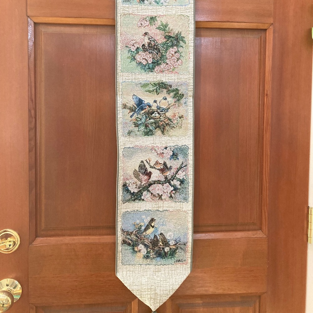 Beaded embroidered banner flag bird flower garden of Eden nature white green